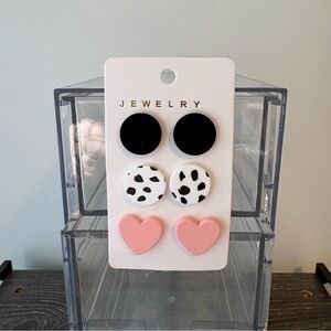 3-Pair Stud Earring Set | Black, Dalmatian Print & Pink Hearts | Item 0327